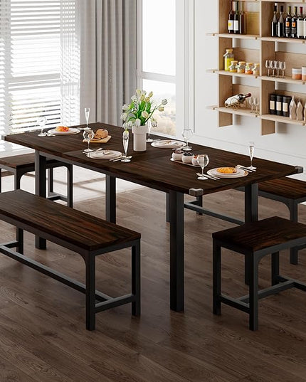 Feonase 5-Piece Dining Table Set for 4-8 People, 63" Extendable Kitchen Table Set with 2 Benches and 2 Square Stools, Dining Room Table with MDF Wood Board, Easy Clean, Dark Brown