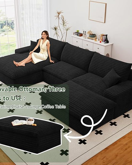 107" Cloud Couch Modular Sectional Sofa for Living Room, U-Shape Boneless Couch with Deep Seat, Modern Corduroy 3-Seater with Ottoman, No Assembly Required (Black,Left-Facing Chaise)