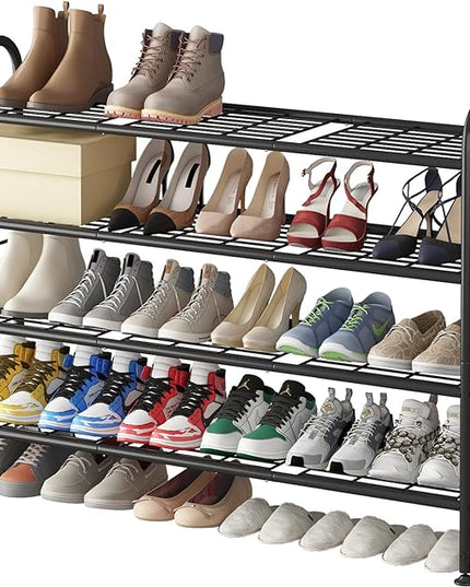 LINZINAR Shoe Rack Long 4 Tier Shoe Storage Organizer Metal Wide Shoe Shelf for Closet Entryway Bedroom 24 Paris Large Capacity, Gold Black