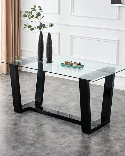 Ebullient Glass Dining Table, Modern Dining Table, 63" Tempered Glass Tabletop with Black MDF Trapezoid Legs, Rectangle Kitchen Table for 4-6 Person, Ideal for Kitchen, Dining Room, Home, Apartment