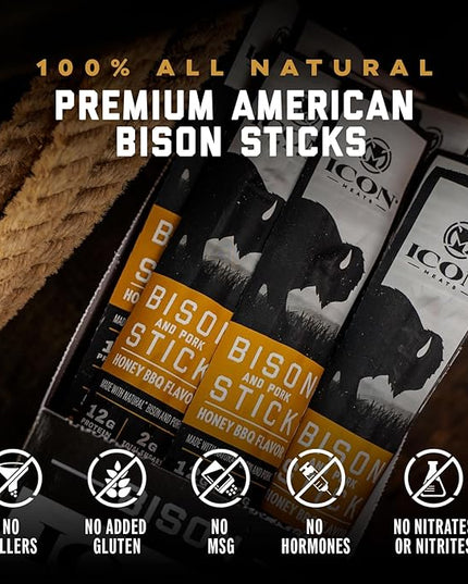 ICON Meats Bison and Pork Snack Sticks, Honey BBQ, 24 Pack of High Protein Snacks, Low Sugar, Natural Jerky Meat Sticks, Gluten Free, USDA Inspected, Made in the USA, Gifts or Stocking Stuffers