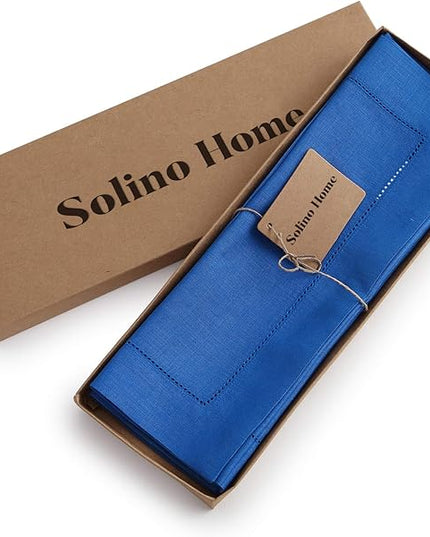 Solino Home Linen Placemats Set of 4 - Classic Hemstitch Royal Blue Placemats 14 x 19 Inch - 100% Pure Linen Table Mats for Holiday, Winter, Christmas, New Year