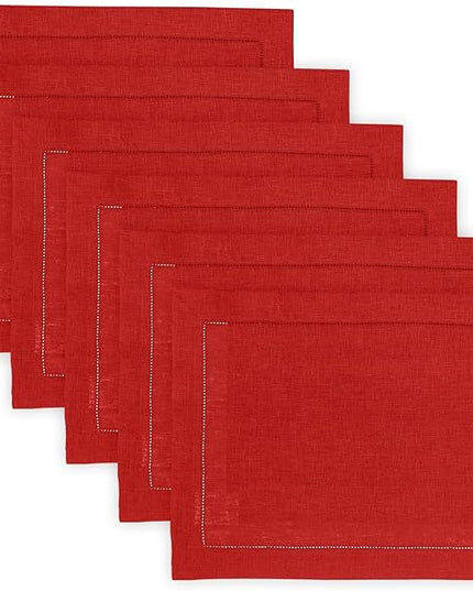 Solino Home Linen Cloth Placemats Set of 6-100% Pure Linen Hemstitch Red Placemats 14 x 19 Inch - Classic Hemstitch Table Place Mats for Christmas, Winter, New Year