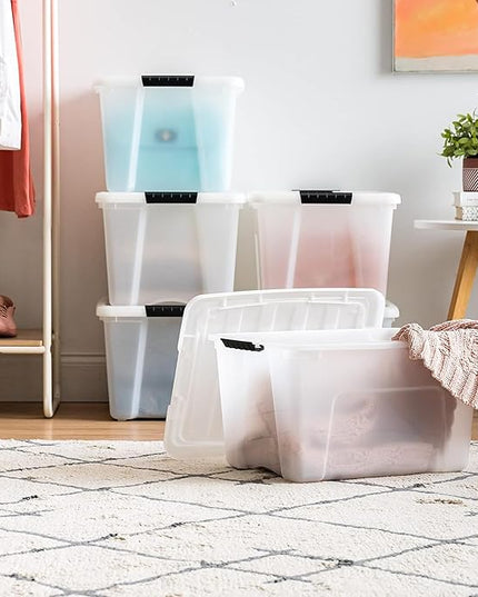 IRIS USA 40 Qt Stackable Plastic Storage Bins with Lids, 6 Pack - BPA-Free, Made in USA - Discreet Organizing Solution, Latches, Durable Nestable Containers, Secure Pull Handle - Pearl