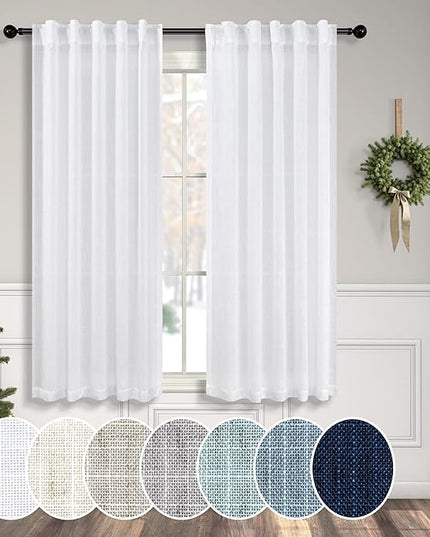 Pitalk White Curtains 38 Inch Width for Kitchen Windows 2 Panel Back Tab Rod Pocket Linen Cafe Tier Light Filtering Short Sheer Curtains for Bathroom Laundry Basement Farmhouse Decor Wide 38x45 Length