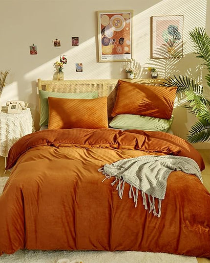 Luxlovery Burnt Orange Fluffy Comforter Set King Rust Caramel Plush Velvet Bedding Comforter Sets Winter Warm Comfy Soft Rust Orange Reddish Brown Sherpa Micromink Bedding Comforter Set