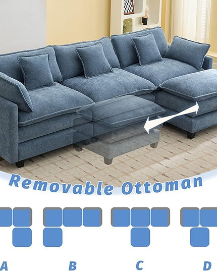 111'' Sectional Cloud Deep Seat Couch, Modern Comfy Chenille L Shaped Sectional Sofa for Living Room Set, Upholstered Modular 4-Seats Sofa Couch with Movable Ottoman, Blue