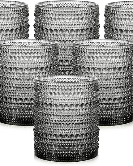 Vintage Glassware Drinking Glasses Set of 6,12 oz Hobnail Glass Cups,Embossed Grey Water Tumbler,for Beer,Cocktail,Whiskey,Juice and Various Mixed Drinks- 1 Cleaning Brush