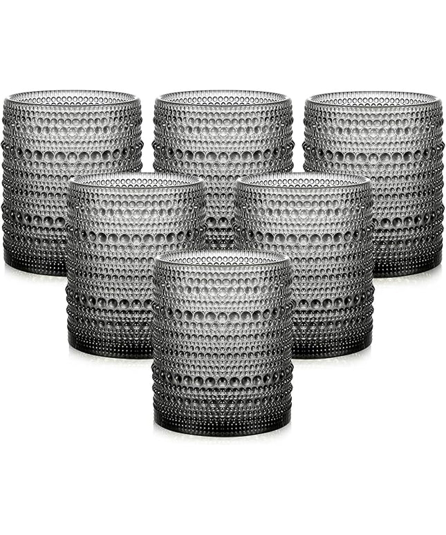 Vintage Glassware Drinking Glasses Set of 6,12 oz Hobnail Glass Cups,Embossed Grey Water Tumbler,for Beer,Cocktail,Whiskey,Juice and Various Mixed Drinks- 1 Cleaning Brush