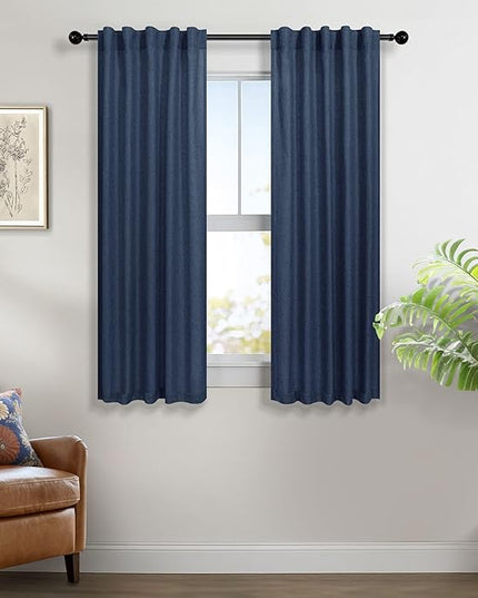 Pitalk Navy Blue Curtains 38 Inch Wide for Small Window 2 Panel Back Tab Rod Pocket Linen Semi Sheer Cafe Tier Narrow Curtains for Side Windows Kitchen Door Basement Laundry Room Width 38x45 Length