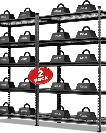 WORKPRO 5-Tier Metal Storage Shelving Unit, 48”W x 24”D x 72”H, Adjustable Storage Rack Heavy Duty Shelf, 4000 lbs Load Capacity (Total), for Garage, Kitchen, Bathroom, Warehouse, Black/Sliver, 2 Pack