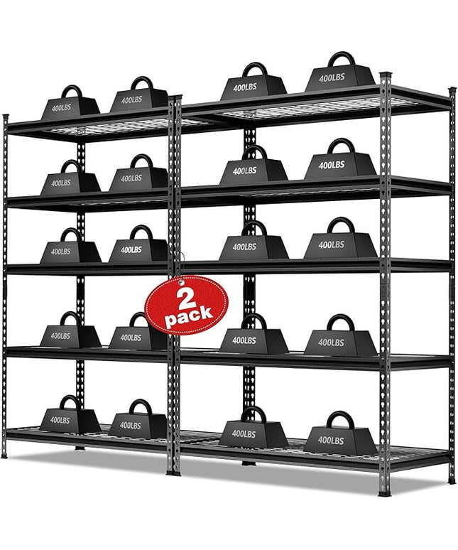 WORKPRO 5-Tier Metal Storage Shelving Unit, 48”W x 24”D x 72”H, Adjustable Storage Rack Heavy Duty Shelf, 4000 lbs Load Capacity (Total), for Garage, Kitchen, Bathroom, Warehouse, Black/Sliver, 2 Pack
