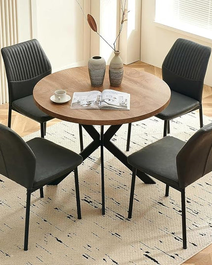 37" Round Dining Table Set for 4, Mid Century Modern Small Coffee Set for Dining Room Kitchen Apartment (Walnut Table + 4 PU Leather Dark Grey Chairs)