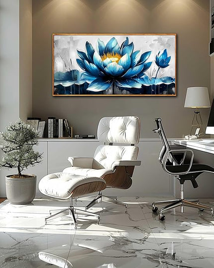 Ouzzlie Lotus Wall Art Blue Wall Decor Flower Painting Gray Canvas for Bedroom Modern Art 24" x 48"