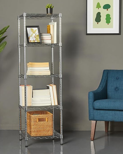 Amazon Basics 5-Shelf Tower Adjustable Storage Shelving Unit, Chrome, 16 D x 16 W x 54 H in
