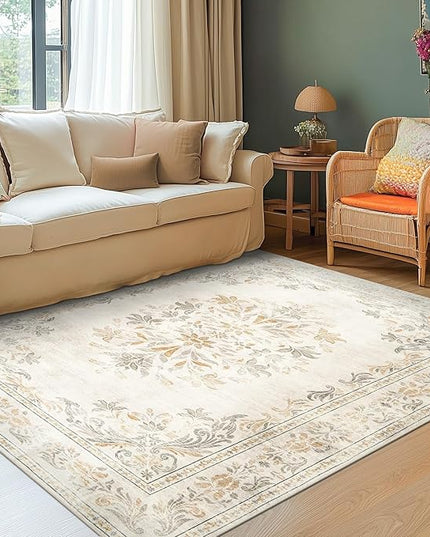 jinchan Vintage Floral 4x6 Area Rugs - Machine Washable Distressed Design Soft Ultra-Thin Low-Pile Non-Slip Carpet for Entryway Kitchen Bedroom Nursery Living Room Dining Room (4x6ft, Light Grey)