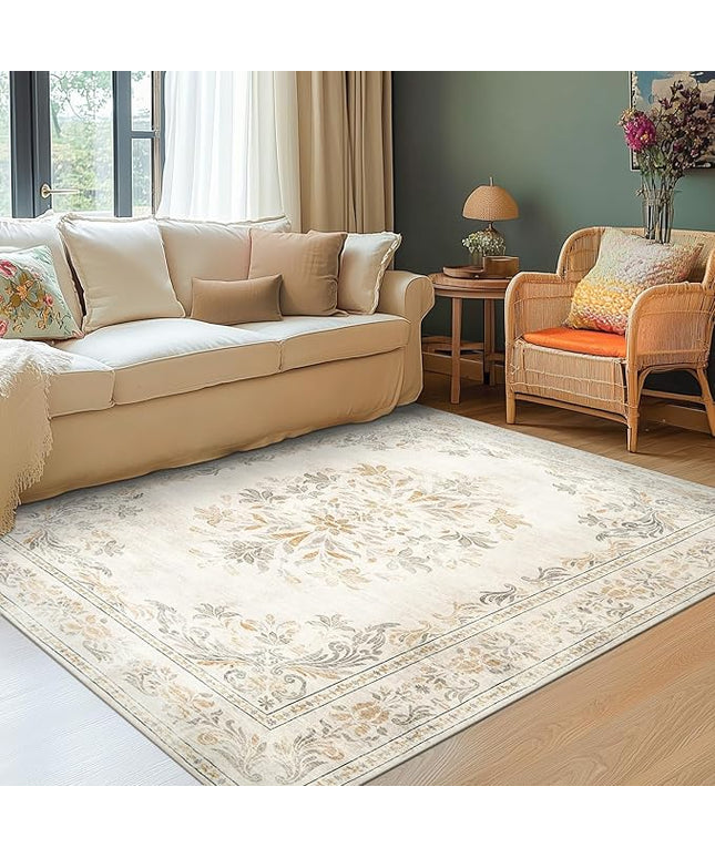 jinchan Vintage Floral 4x6 Area Rugs - Machine Washable Distressed Design Soft Ultra-Thin Low-Pile Non-Slip Carpet for Entryway Kitchen Bedroom Nursery Living Room Dining Room (4x6ft, Light Grey)