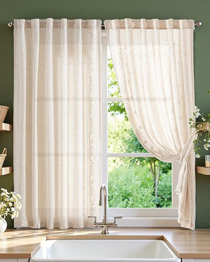 jinchan Winslow Linen Curtains 54 Inch Length Small Window Curtains Embroidered Bordered Floral Drapes Light Filtering for Bathroom Laundry Room Kitchen Farmhouse Decor White on Beige 2 Panels