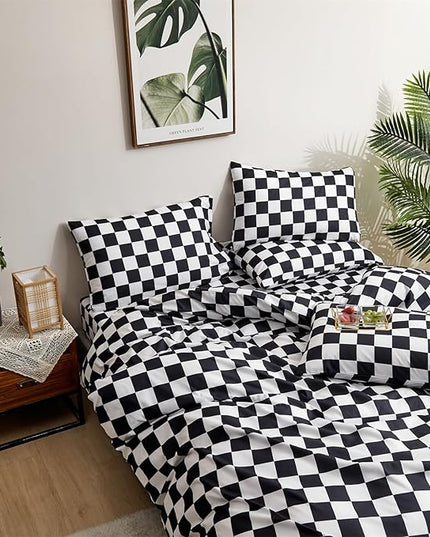 CLOTHKNOW California King Comforter Set Black Grid 3Pcs Bedding Comforter Sets Checker Comforter Black and White Comforter Sets Cal King