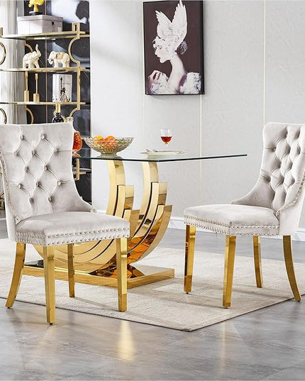 7 Piece Dining Table Set with 6 Beige Dining Chairs, Modern Glass Kitchen Table and Chairs Set for 6, 70" Rectangle Gold Glass Pedestal Dining Room Tables with Ring-Shape Stainless Steel Base
