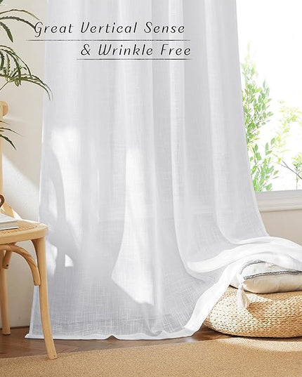 NICETOWN White Sheer Pinch Pleated Curtains 120 Inches Long - Rod Pocket Back Tab Light Filter Linen Sheer Drapes Panels Room Decor for Bedroom/Living Room (52" W x 120" L, White, 2 Panels)