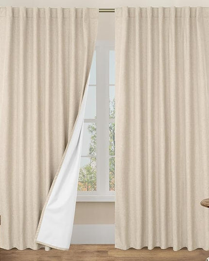 LAMIT 100% Blackout Linen Curtains, 84 Inch Linen Textured Living Room Farmhouse Curtains Room Darkening Back Tab and Rod Pocket Burlap Neutral Panels with White Liner, 2 Panels, Linen, 60 x 84 Inch