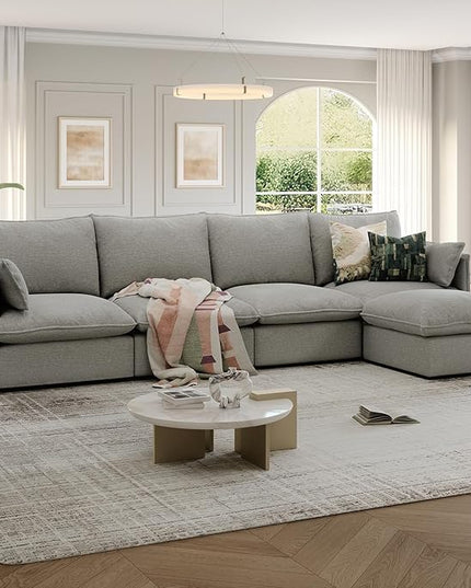 124" Cloud Modular Sectional Sofa, Waterproof Down Filled Sectional Couch, High Backrest L Shaped 4 Seater Couch with Ottoman, Modern Modular Sofas with Removable Cover, Light Gray