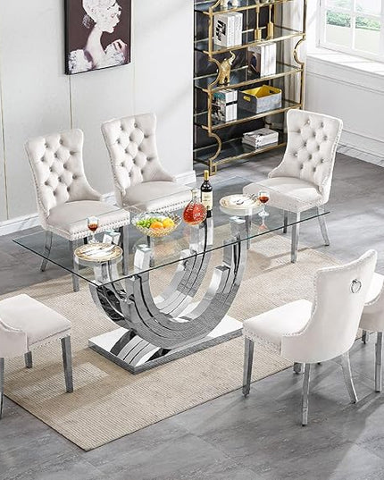 Henf 70'' Tempered Glass Dining Table for 4-6 People, Clear Tabletop and Sturdy Silver Stainless Steel Base, Large Dining Room Table for 6, Glass Kitchen Dinner Table for Family