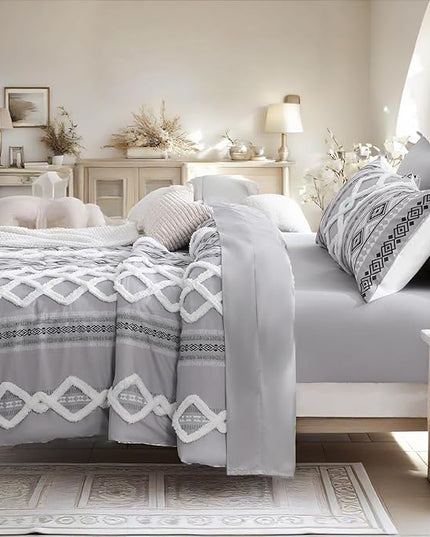 MOVE OVER Boho Tufted Comforter Set King Size 5 Pieces Farmhouse Bedding Set 100% Soft Microfiber Boho Aztec Bedroom Comforter Set Modern Style Ethnic Gray Tufted Bed Set for All Seasons