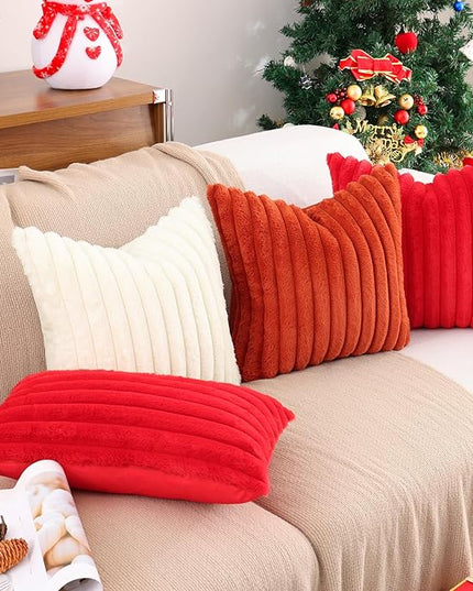 Pallene Faux Fur Plush Christmas Throw Pillow Covers 18x18 Set of 2, Luxury Soft Fluffy Striped Decorative Pillow Covers for Sofa, Couch, Living Room, Red