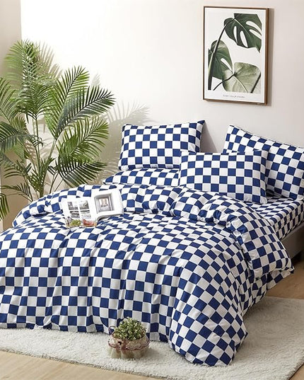 CLOTHKNOW Blue White Plaid Queen Comforter Set Grid Bedding Comforter Sets Checkerboard Comforter Royal Blue White Comforter with 2 Pillow Cases
