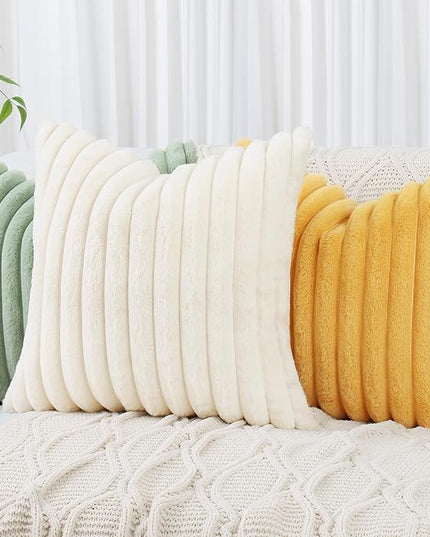 decorUhome Faux Fur Spring Throw Pillow Covers 12x20 Set of 2, Decorative Soft Plush Striped Neutral Couch Euro Pillow Covers with Velvet Back for Sofa, Bed, Living Room Home Decor, Cream White