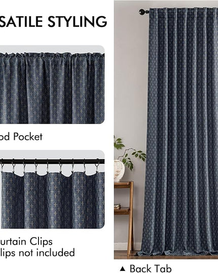 MIULEE Decorative Back Tab Linen Curtains with Geometric Pattern for Living Room Bedroom Farmhouse Rustic Thick Woven Textured Patterned Mudcloth Drapes 90 Inch Long 2 Panels Set, Blue