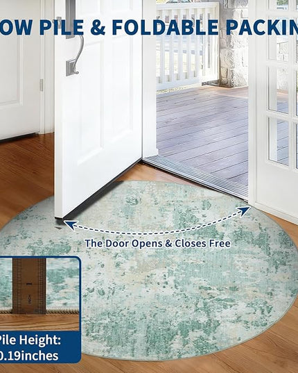 Modern Abstract 8x8 Round Area Rug Non Slip Non Shedding Rug Low Pile Stain Resistant for Bedroom Living Room Office Dining Room,Green