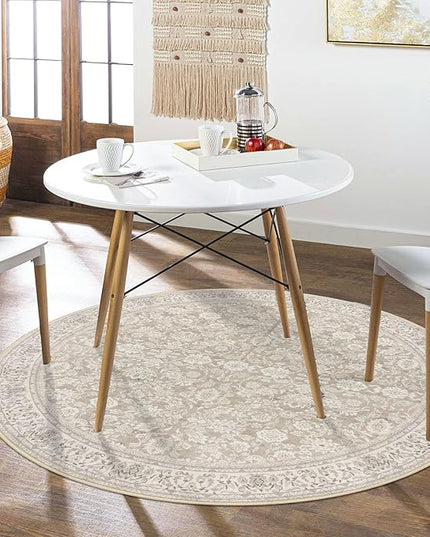 6' Round Rug Washable Rug for Entryway, Cream Beige White Grey Soft Non-Slip Area Rugs Distressed Floral Low-Pile Carpet, Neutral Vintage Circle Rugs for Living Room Dining Bedroom Foyer