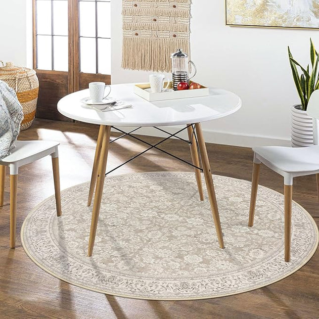 6' Round Rug Washable Rug for Entryway, Cream Beige White Grey Soft Non-Slip Area Rugs Distressed Floral Low-Pile Carpet, Neutral Vintage Circle Rugs for Living Room Dining Bedroom Foyer