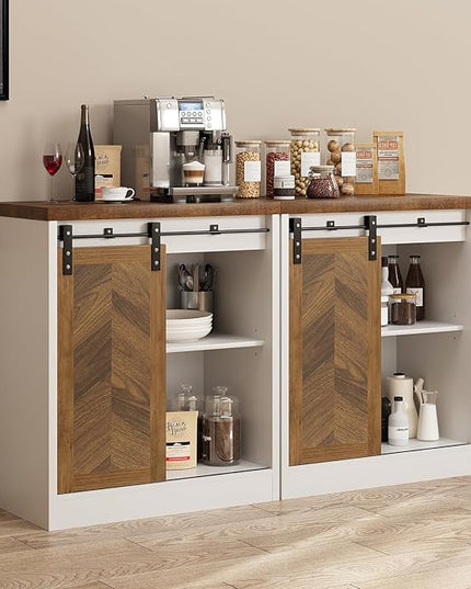 Catrimown Farmhouse Small Coffee Bar Cabinet with Storage, White Coffee Bar Table with Sliding Barn Door, Adjustable Shelves, Bar Cabinet for Kitchen, Dining Living Room, 1 Pack