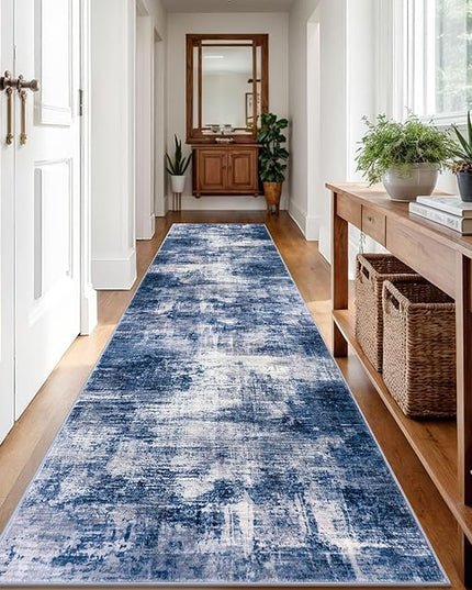 IOHOUZE Abstract Runner Rug 3x12 Ft Washable Runners for Hallways, Non Slip Kitchen Runner Printed Faux Wool Entryway Runner Indoor, Modern Abstract Floor Carpet for Hall Kitchen, Navy/Grey