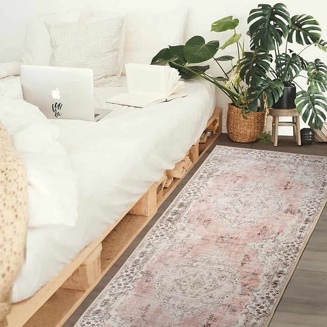 MUJOO Non Slip Boho Pink Runner Rug, Machine Washable for Hallways Entryway Kitchen Bathroom Bedside Retro Soft Low-Pile 2'x6' Blossom