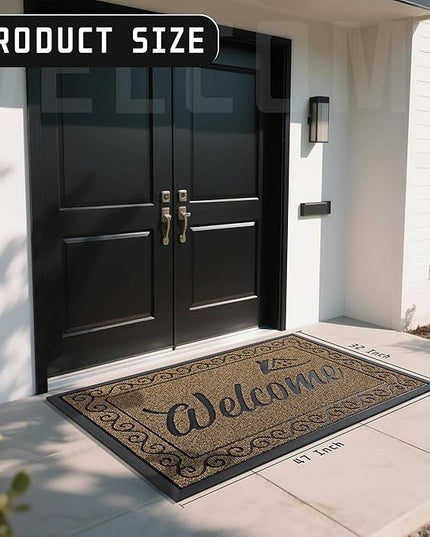Yimobra Welcome Mat, Heavy Duty Sturdy Door Mats for Home Entrance Outdoor Indoor, Front Doormat for Outside Patio Floor Entry Porch Garage Office, Waterproof, Low Profile, 47X32 Inches, Beige Brown