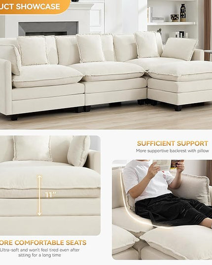111'' Sectional Cloud Deep Seat Couch, Modern Comfy Chenille L Shaped Sectional Sofa for Living Room Set, Upholstered Modular 4-Seats Sofa Couch with Movable Ottoman, Beige