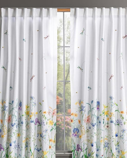 Maison d' Hermine Curtains for Living Room 100% Cotton 124 inch Length Two Panels Light Filtering Curtains for Bedroom Windows with Rod and Loop Pockets Drapes (Fleurs De Mai, 50" W x 124" L)