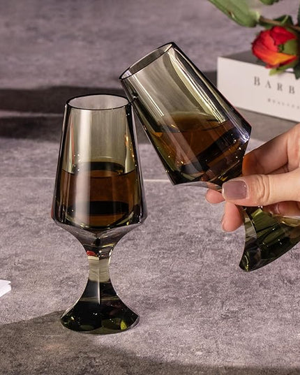 KAMMAK Crystal Snifter Glass Set of 2 - Hand Blown Stemmed Whiskey Glass for Bourbon-2.37oz, Brandy & Cognac with Delicate Rim, Colored Elegant Etched Detailing, Luxury Barware for Tasting & Gift