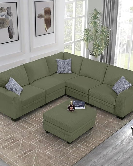 Legend Vansen Oversized Modular Sectional Sofa,6 Seat U Shaped Couch with Ottoman,Corduroy Sofa with Deep Seat,Convertible Large Sectional Couches for Living Room (Olive, L-6)