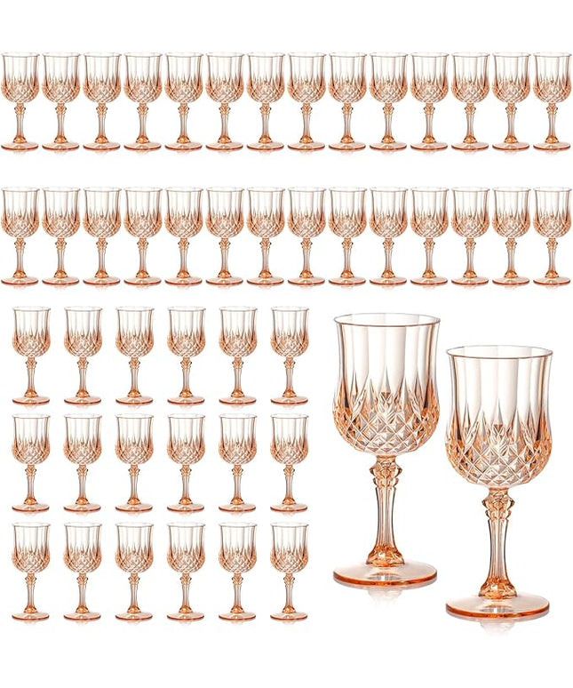 XUWAIDSGN 7oz Plastic Vintage Wine Glasses Drinking Glasses Unbreakable Wedding Glassware Crystal Water Goblets Reusable Drinkware Vintage Champagne Flutes (48, Pink)