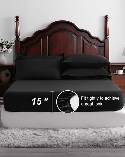 NTBAY Queen Comforter Set with Sheets, 7 Pieces Soft and Breathable Queen Bedding Set, Bed in a Bag, Down Alternative Comforter Set Solid Color All Season, Queen Bedding Set, Black