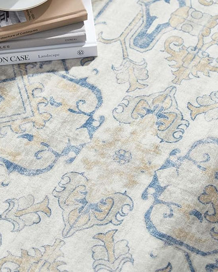 jinchan Round Rug 5ft Area Rug Indoor Vintage Floral Circle 5' Washable Ultra-Thin Low Pile Soft Small Non Slip Distressed Print for Living Room Dining Room Bedroom Entryway Blue