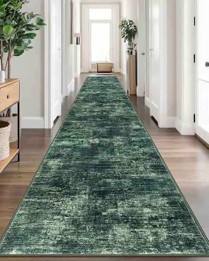 IOHOUZE Abstract Runner Rug 3x18 Ft Washable Runners for Hallways, Non Slip Kitchen Runner Printed Faux Wool Entryway Runner Indoor, Modern Abstract Floor Carpet for Hall Stair, Dark Green