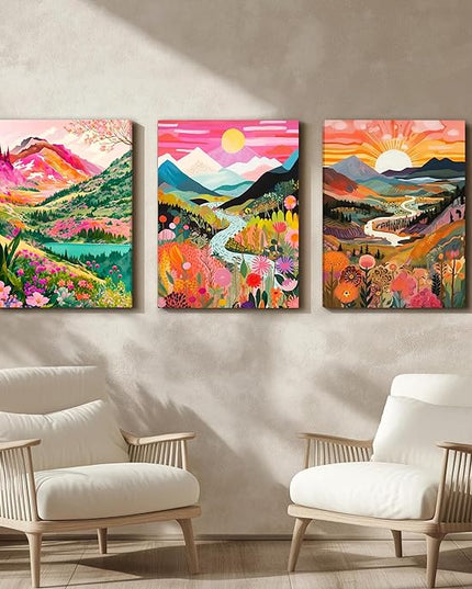 DUWQU 3 piece Colorful Watercolor Mountain Canvas Wall Art Boho Floral Painting Picture Wall Decor Abstract Nature Landscape Poster Print Artwork for Living Room Bedroom Bathroom Office 12x16 Inches