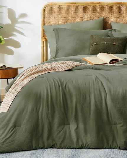 WRENSONGE Oversized Queen Comforter Set - 7 Pieces Olive Green Bed in a Bag Queen with Sheets, 2 Pillow Shams, and 2 Pillowcases- Warm Bedding Sets Queen for All Season